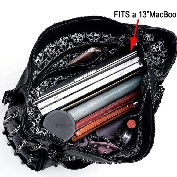 Skull Handbag Leather Rivet Purse Shoulder Satchel Tote by Bykoine - Picture 2 of 10